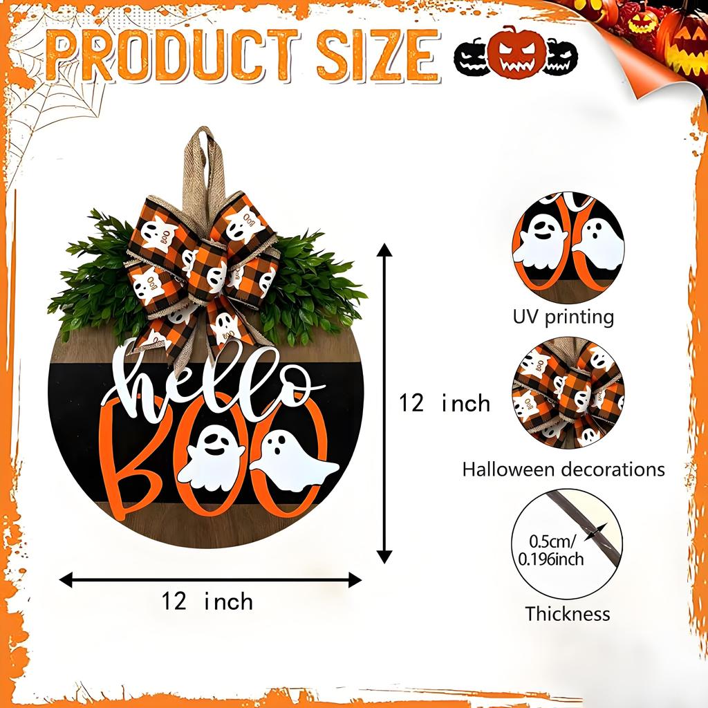 Halloween Door Sign with Cute Ghost Design | Wooden Wreath with Bow for Porch Decor | Farmhouse Style Front Door Welcome Hanger