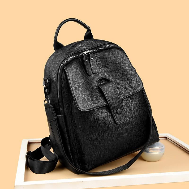 Buckle Open Cowhide Backpack Women's Large Capacity Backpack Autumn and Winter Black Multi-functional Large Backpack S