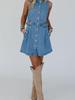 Women's European-American Fashion Trend Single-Breasted Multi-Button Denim Shirt Dress with Pockets