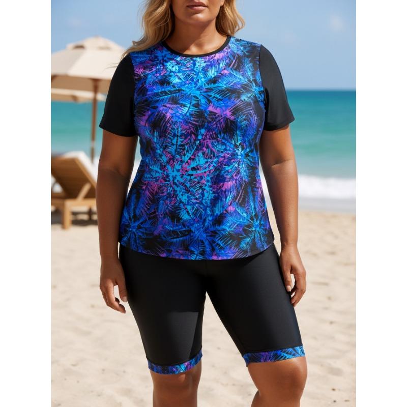 Women S Plus Size Split Swimsuit Printed Blue Coconut Tree Sleeveless Swimwear