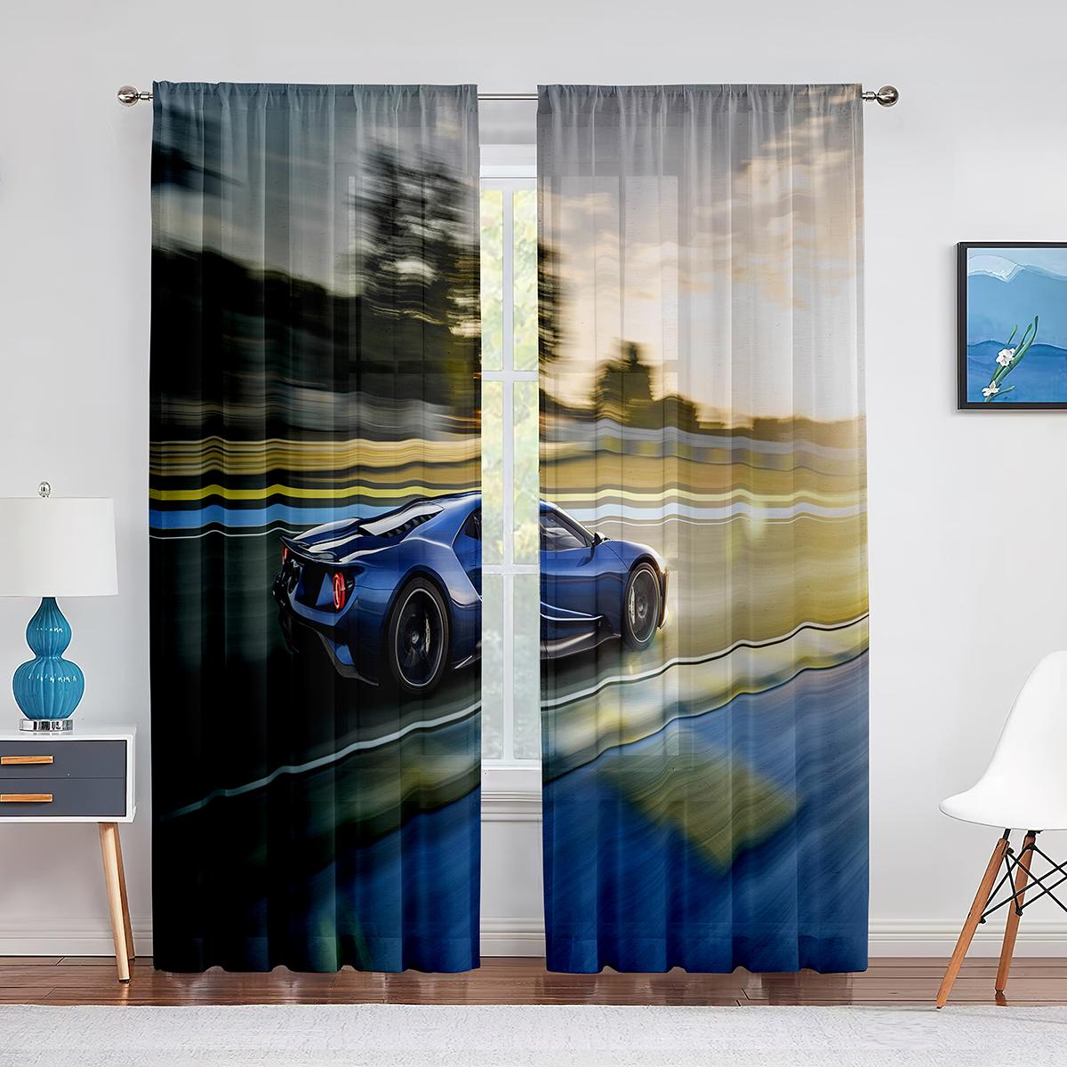 Тюлевые шторы со спортивным автомобилем и американским флагом для спальни — фото 14