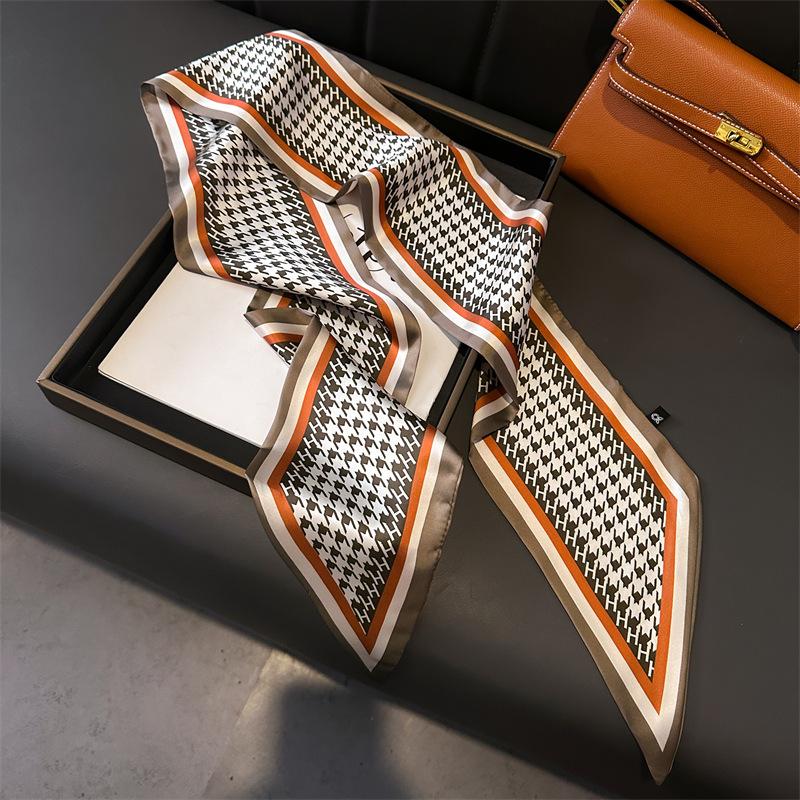 147x14cm Houndstooth Print Narrow Ribbon Women Silk Hair Scarf Luxury Fashion Hijab Headband Neckerchief Foulard Hairband Hijab