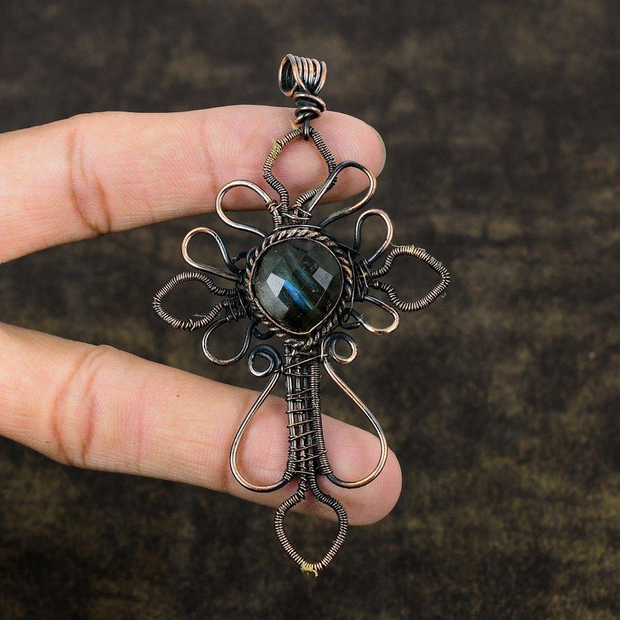 Natural Labradorite Gemstone Handmade Copper Wire Wrap Pendant 3.70" P7P57
