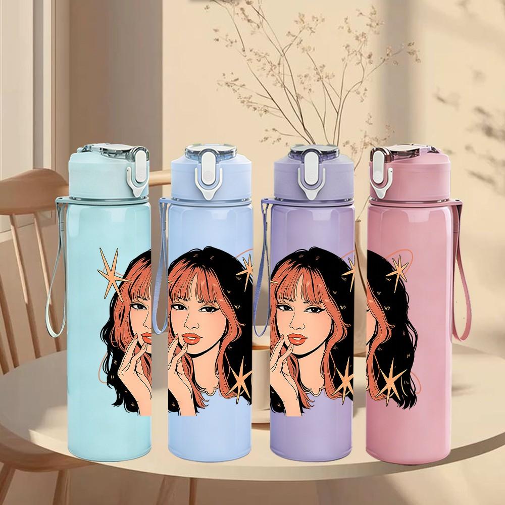 1PC Long Hair Girl Portrait Art Print 750ml Color Plastic Sports Water Bottle Leakproof Flip Straw Lid Suitable for Sports Office Home Use