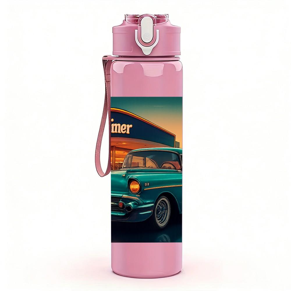 1PC Retro Van Desert Sunset Scene Print 750ml Color Plastic Sports Water Bottle Leakproof Flip Straw Lid Suitable for Sports Office Home Use
