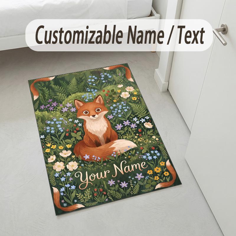 Fox Garden Theme Soft Crystal Velvet Rug Custom Name & Text Print Non Slip Floor Rug for Bedroom Living Room