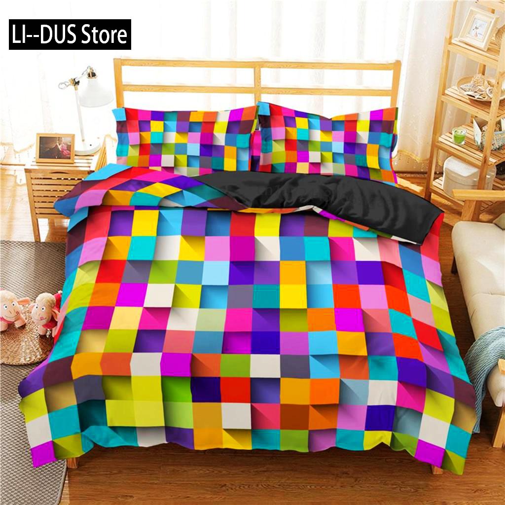 Toy Print Duvet Cover Set Square Gradient Blocks Bedding Set For Kids Teen Colorful Bricks Game Queen Microfiber Comforter Cover