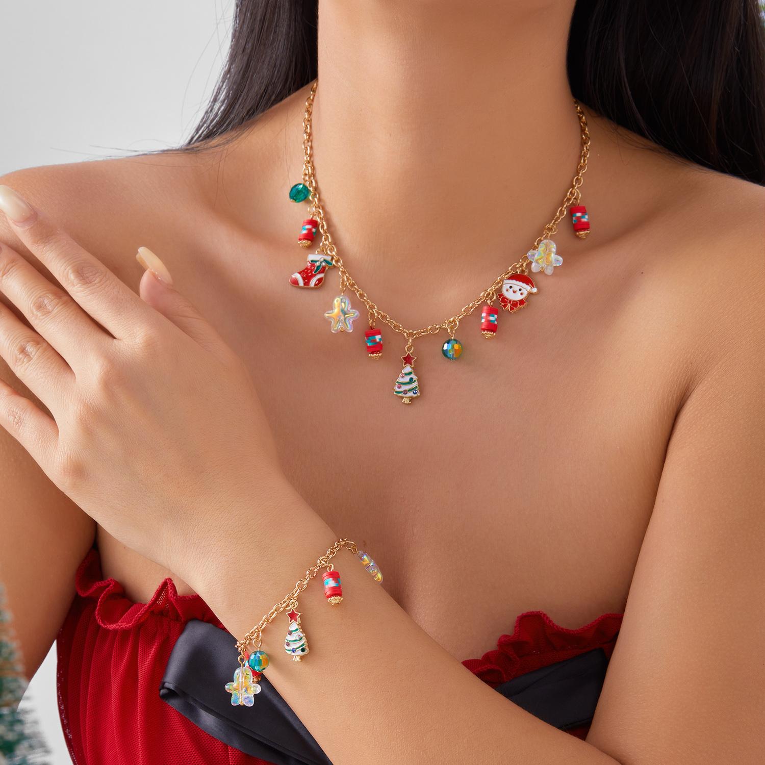 

Exquisite Christmas Necklace Bracelet Set For Women Golden Chain Snowflake Santa Claus Elk Xmas Tree Zircon Party Festival Gift