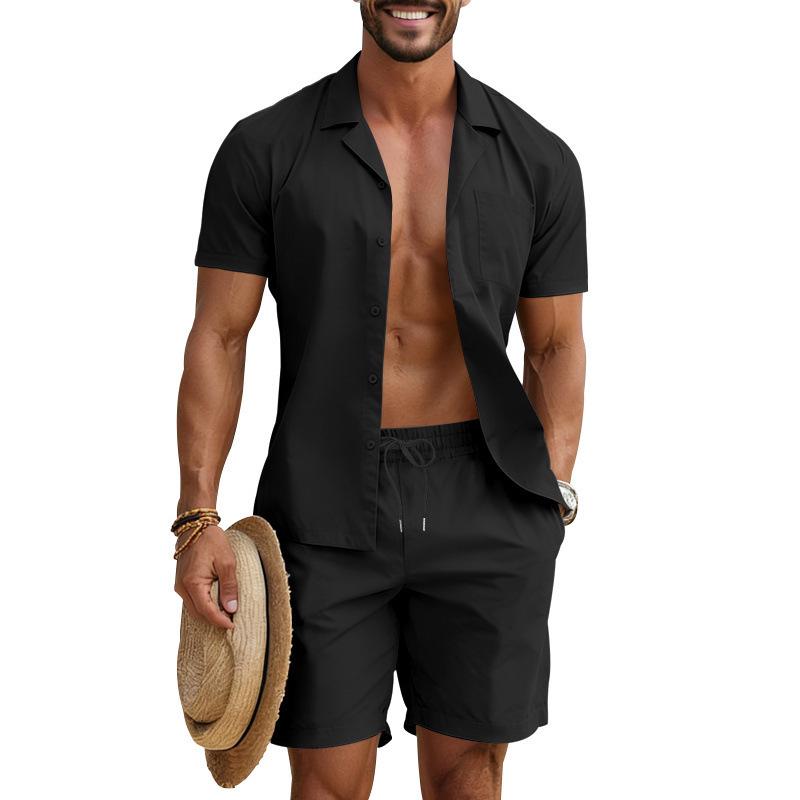 Men's Casual Solid Color Button-Down Shirt & Shorts Set - Summer Vacation Wear