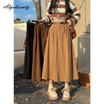 Korean Fashion Autumn Winter Women Midi Skirt High Waist Black Brown Khaki Corduroy Skirt Loose Casual Solid All-Match Skirt With Belt
