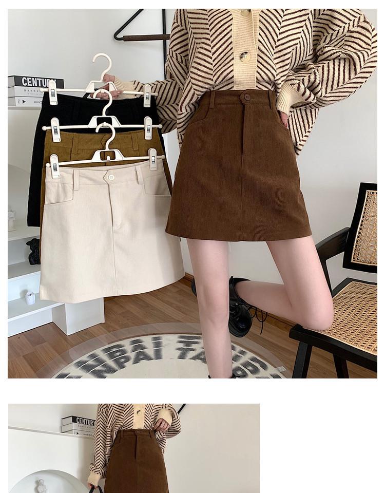Plus Size Women's Coffee Corduroy A-line Skirt - Autumn/Winter Hip-Hugging Retro Brown Short Skirt