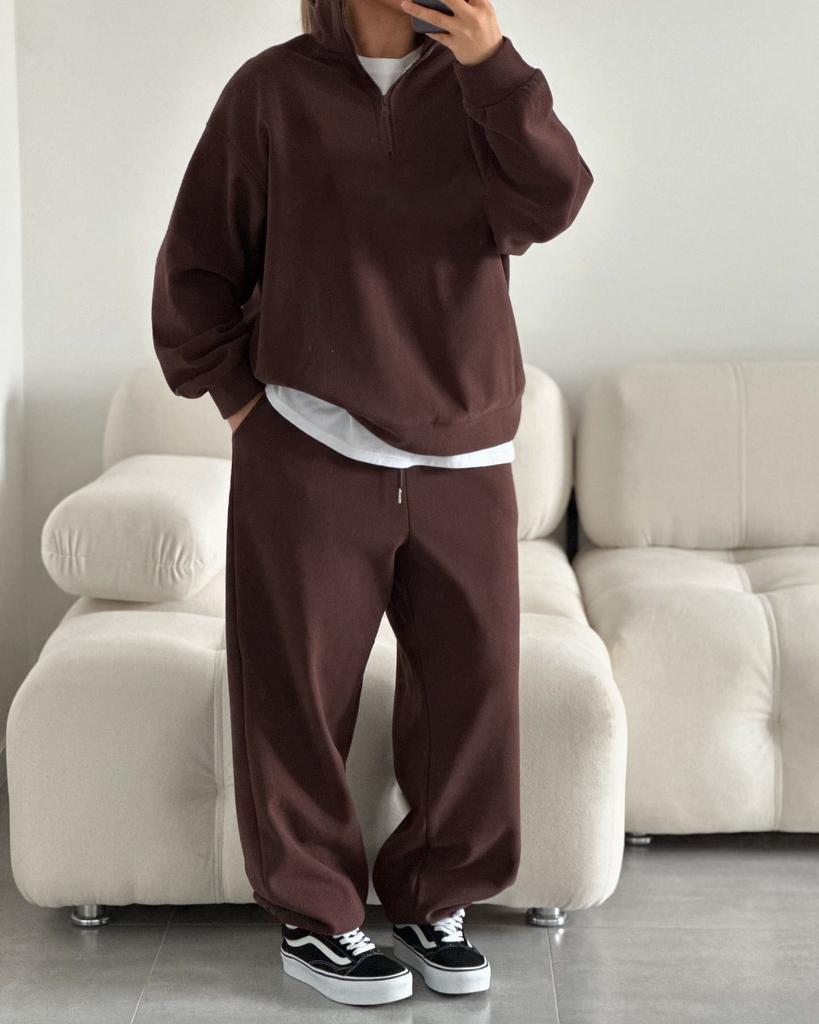 Pink Notch Collar Casual Sweatsuit Set with Loose Fit