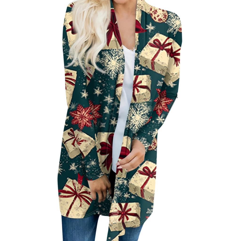 Dámský módní ležérní kardiganový kabátek střední délky s vánočním stromkem