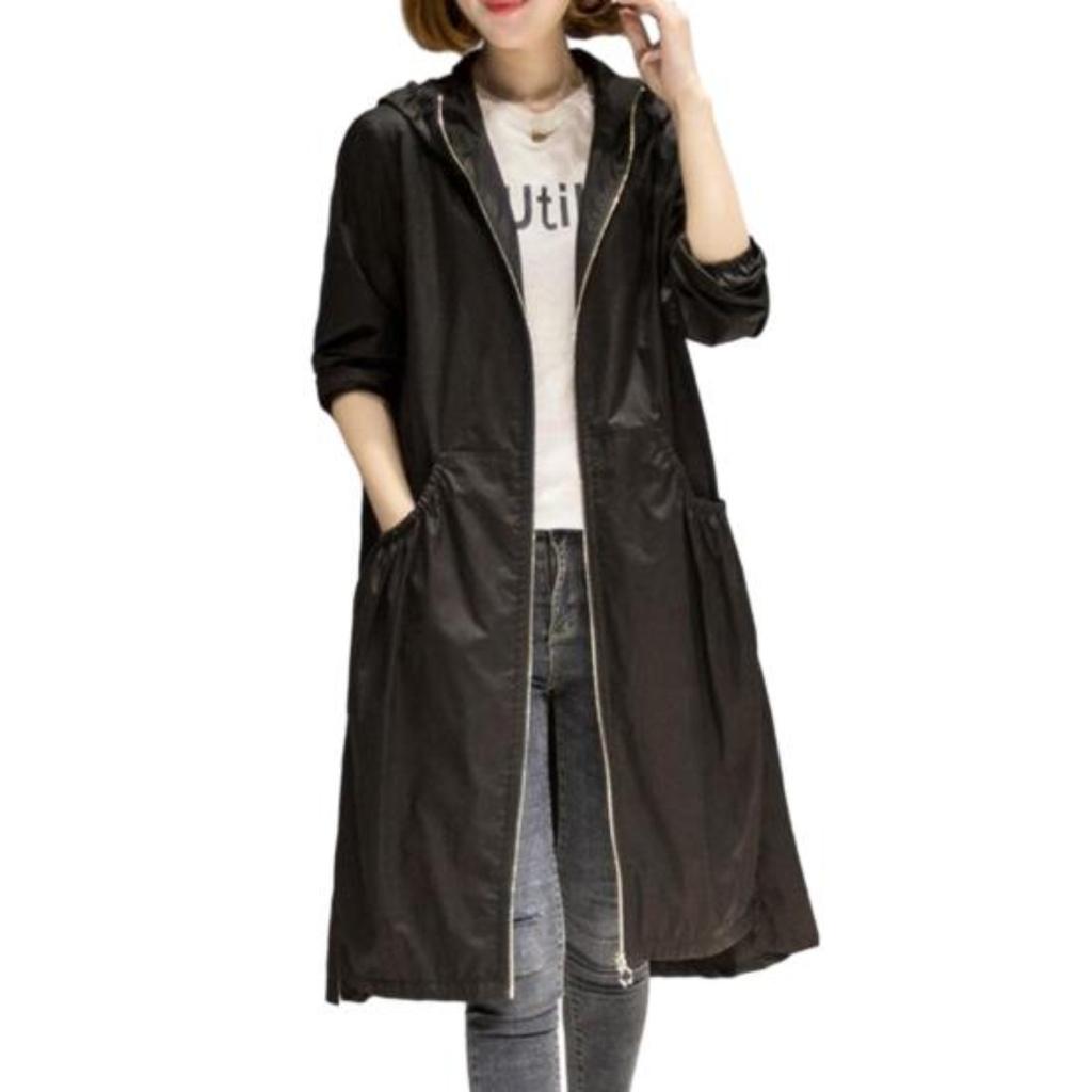 Frauen Frühling Herbst Mit Kapuze Mid-länge Windjacke Zipper Knopfleiste Langarm Taschen Einfarbig Dünne Lange Trenchcoat Streetwear