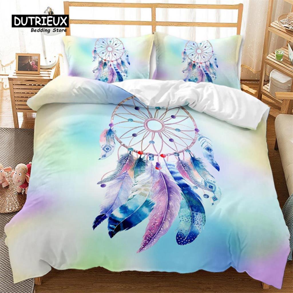 Traumfänger Bettbezug Set 2/3-teilig King Boho Bettwäsche Set Mikrofaser Federmuster Böhmischer Bettdeckenbezug mit Kissenbezügen