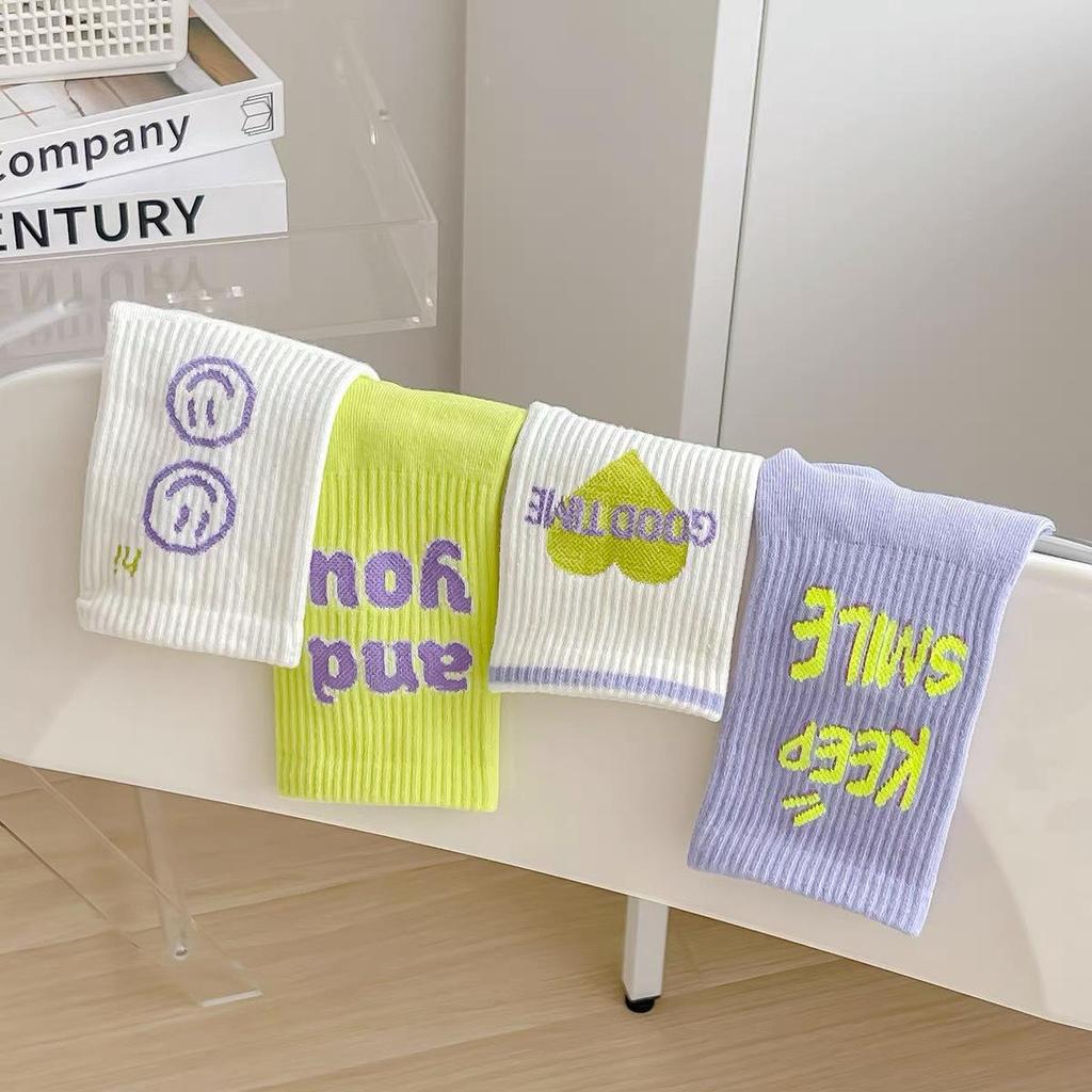 Women's Mid-Calf Socks: Trendy Spring/Summer Street Style – Comfortable, Breathable with Letter and Smiley Face Designs