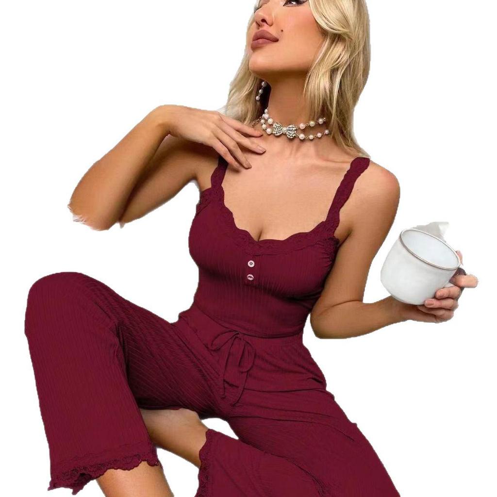 European and American Women's Lace Trim Pajama Set: Camisole & Long Pants Home Wear.