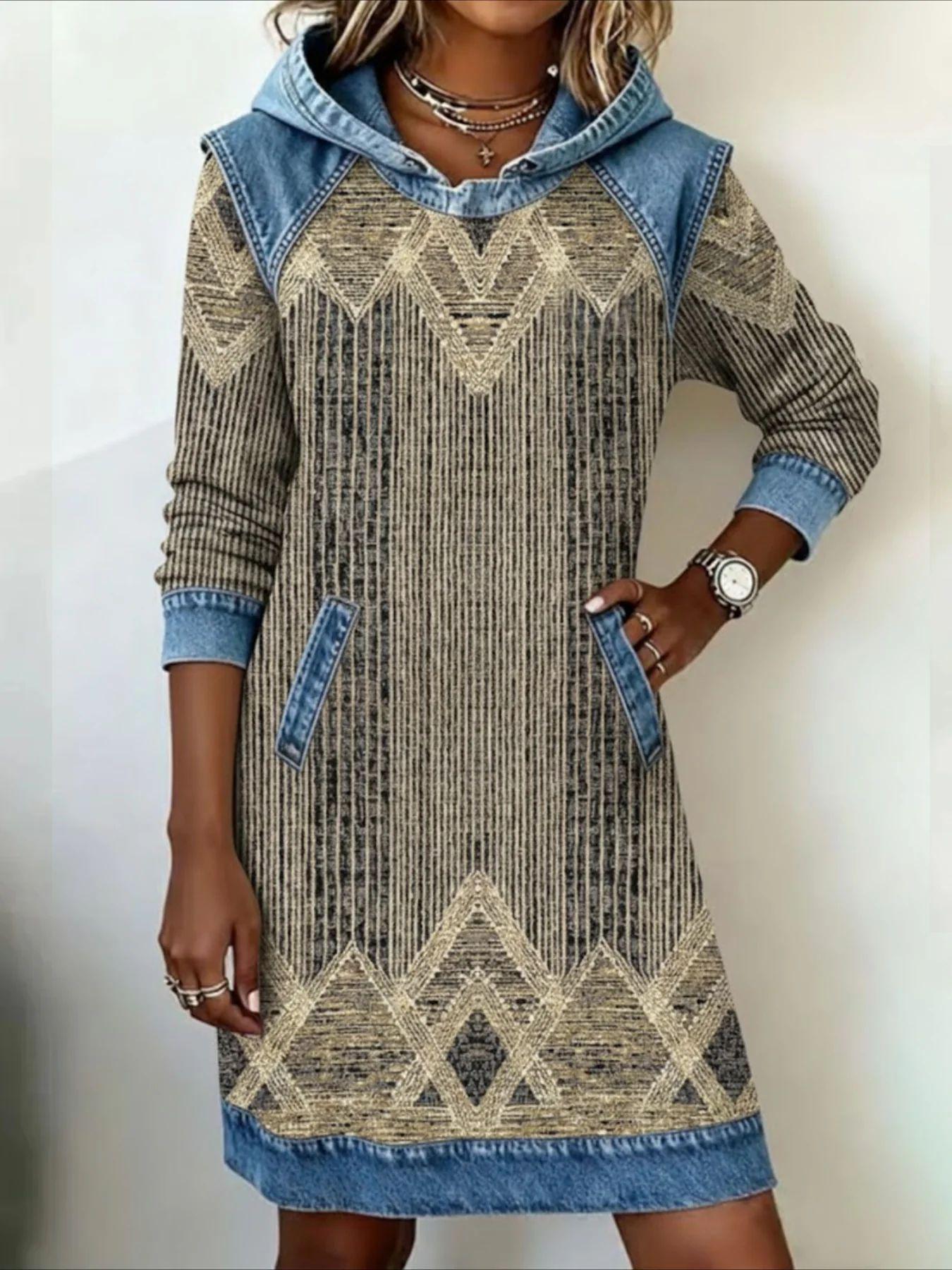 Elegant Women s Denim Hoodie Dress with Retro Print and Soft Patchwork Design Medium