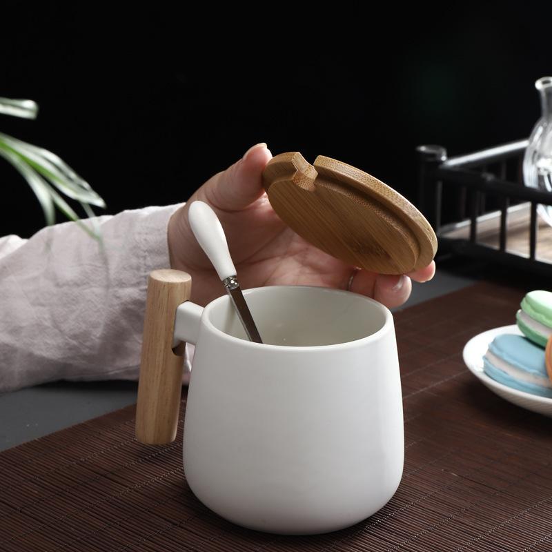 Wooden Handle Simple Couple Cup Ceramic Cup Coffee Cup Mug With Lid Spoon Custom