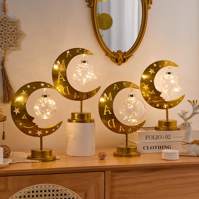 Middle Eastern Festival Moon and Star LED Decorative Rattan Ornament Lamp for Bedroom