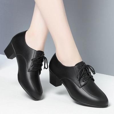 Women Work Shoes  Black Lace Up Middle Heel Leather Shoes Spring Autumn Soft Soles Breathable Comfortable Single Shoes for Daily Use