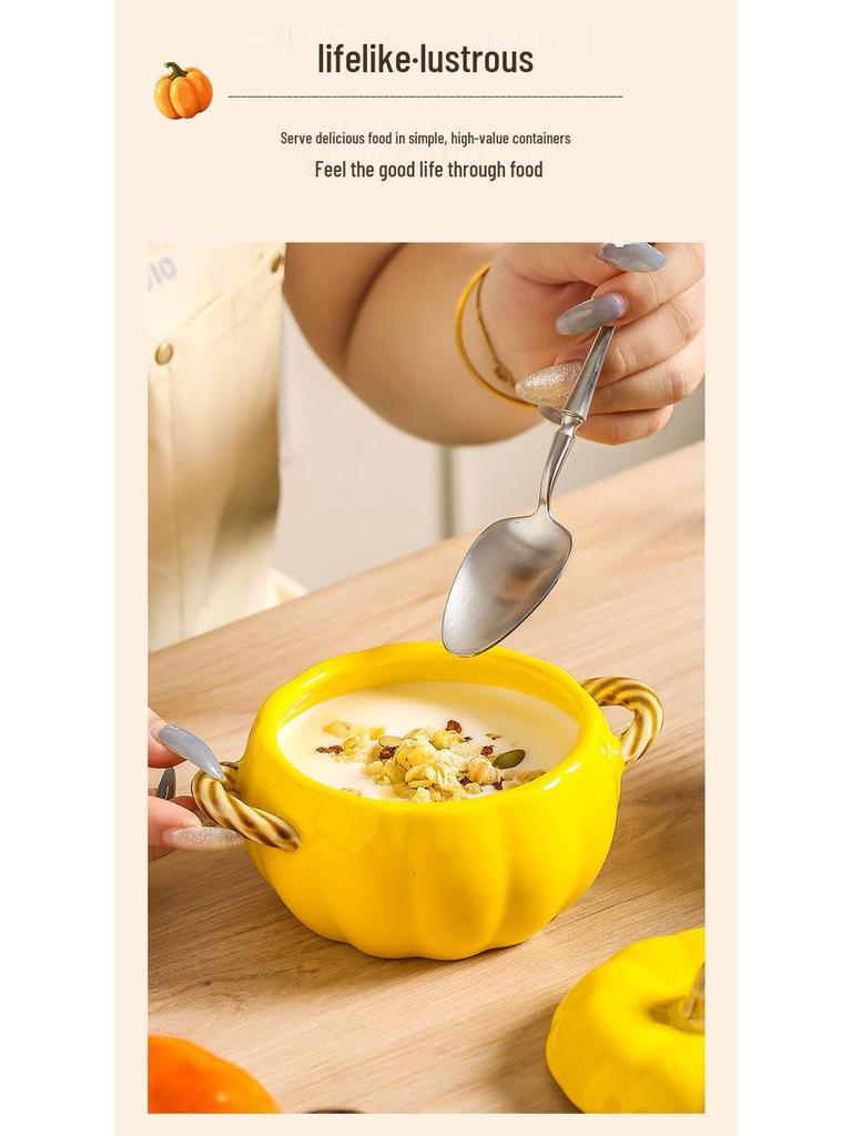 Große Keramik-Kürbissuppenschüssel mit Deckel und doppelten Henkeln - Kreatives Verbrühschutz-Design zum Servieren von Suppe, Instantnudeln und Reispasta mit Fluss-Schnecken.