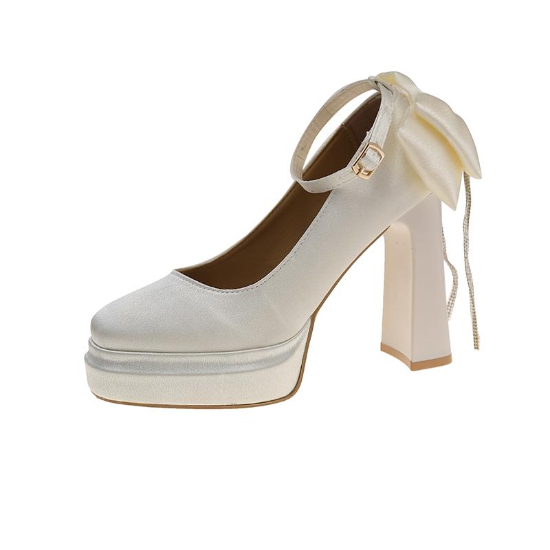 Chunky Single Shoes Spring New Style Round Head Shallow Mouth Butterfly Knot Set Foot Waterproof Platform Non-slip High Heels