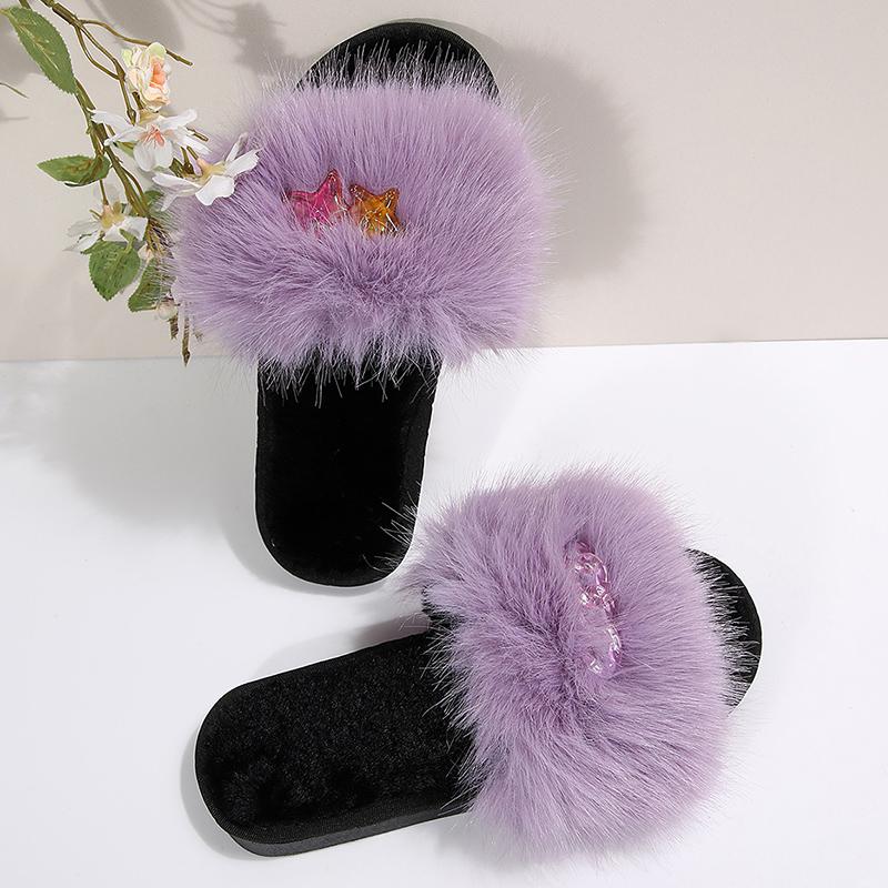 

Fashion Elegant Faux Fur Plush Slippers Women Autumn Winter Fashion Star Detor Cotton Slippers Woman Light House Cotton Slides Mujer 36-37