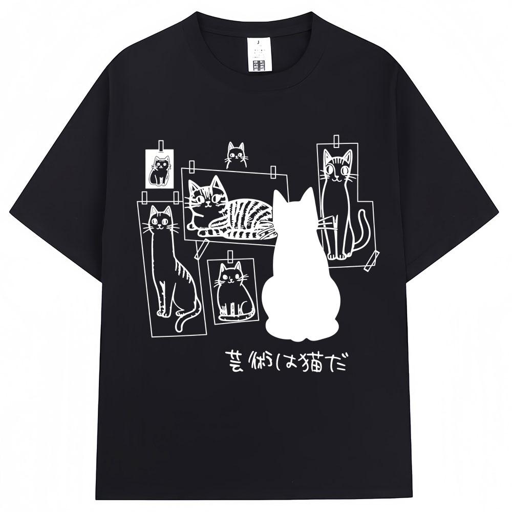 Japanese Funny Black Cat Anime Print T Shirt Men Women Fashion Vintage Harajuku T-shirts Oversized Cotton Casual T Shirts