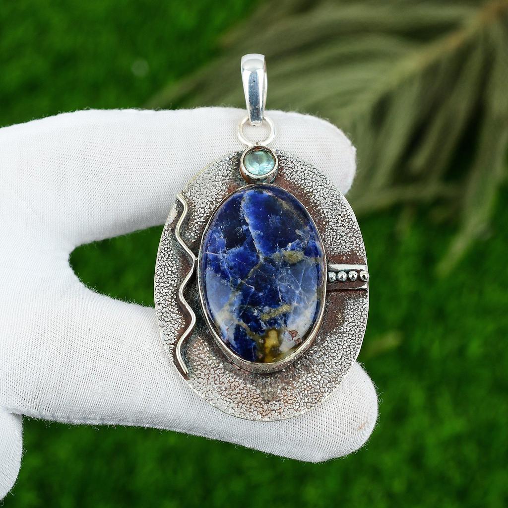 Sterling Silver Oval Sodalite Gemstone Topaz Artisan Birthday Handmade Pendant