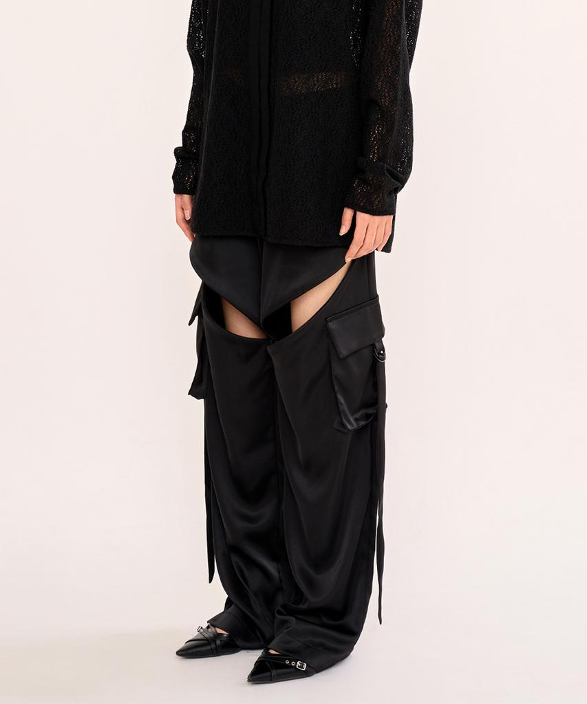 FANYOUNG Zip Slit Satin Wide Cargo Pants