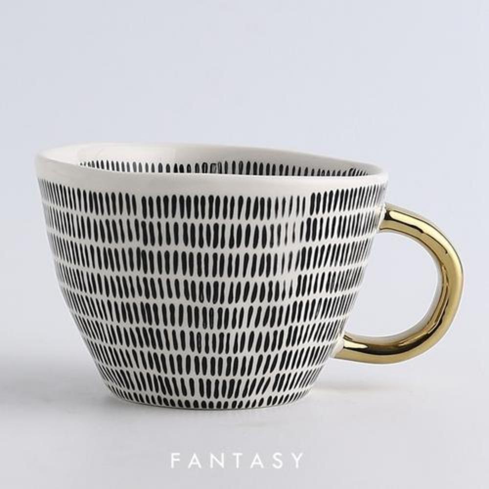 American Irregular Geometric Ceramic Coffee Cup with Gold Plated Handle Black and White Pattern Milk Tea Cup Home Accessories