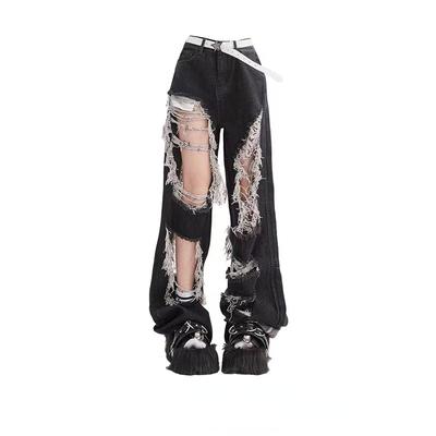 Women Gothic Black Jeans High Waist Vintage Korean Fashion Y2k Streetwear Ripped Pants Harajuku Casual Wide Leg Denim Trousers