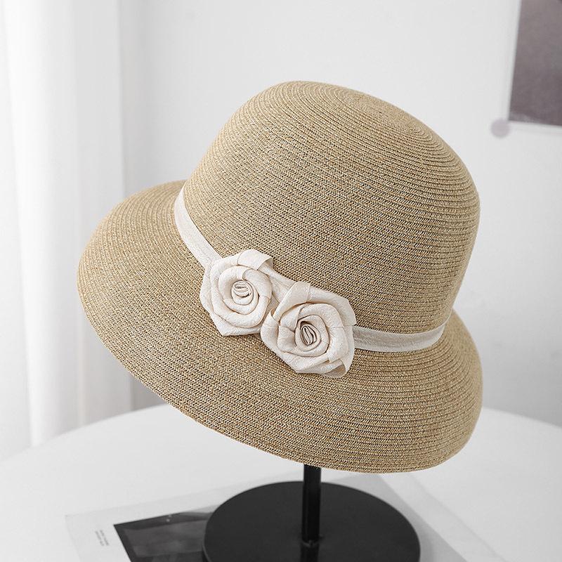 French Hepburn Style Double Flower Elegant Bucket Hat Women's Summer Sun Protection Straw Hat Big Brim Pot Hat Straw Woven Beach Sun Hat
