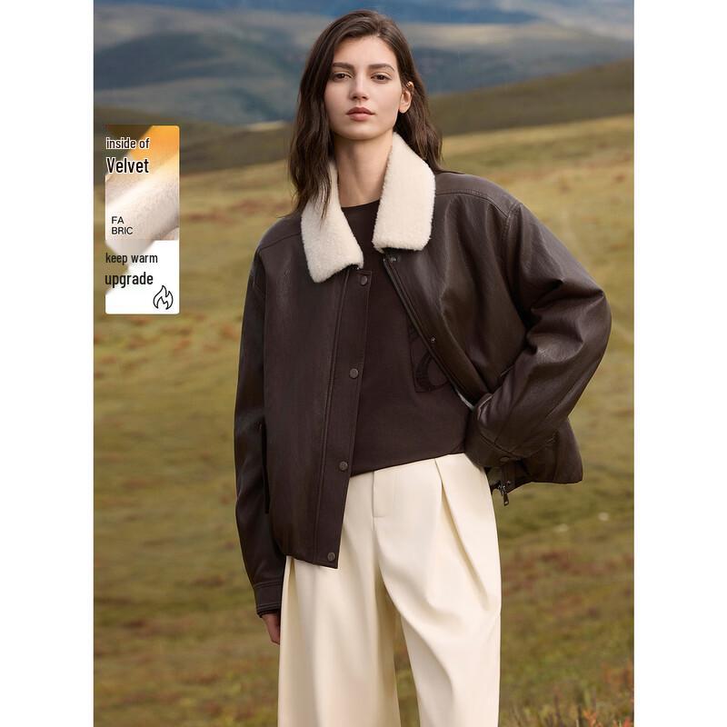 ELLE Women s Plush Collar Faux Leather Jacket S