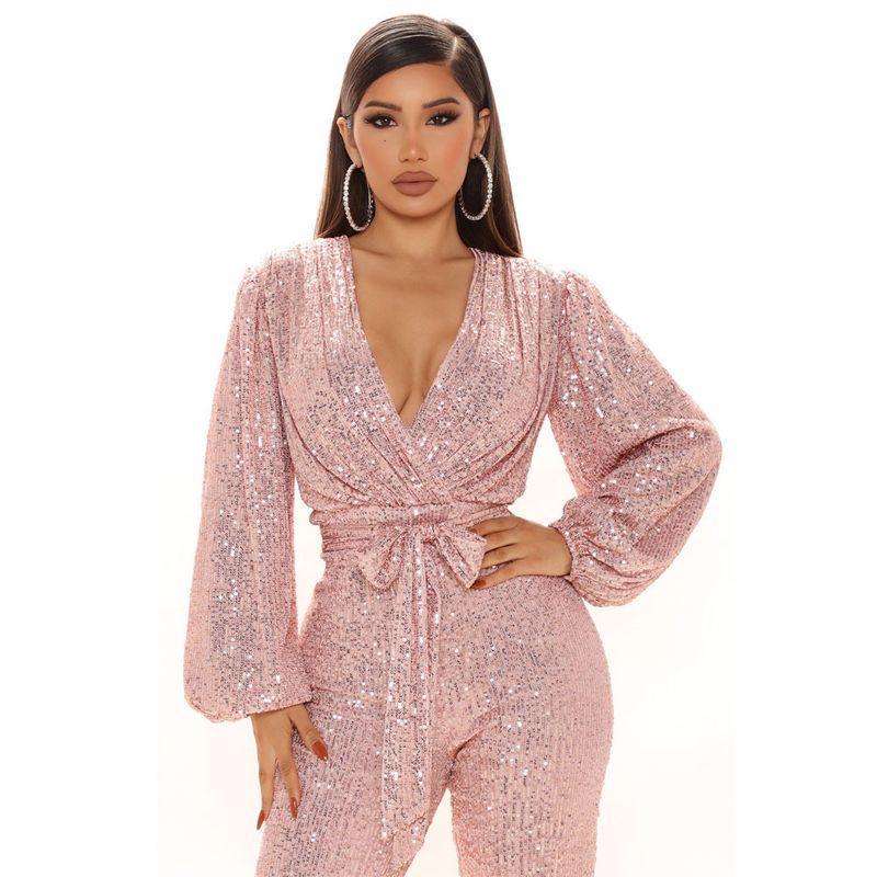 

Fashion Women s Clothing New Top-Selling Product Fashion Sexy V-neck Sequins One-Piece Wide Leg One-Piece Pants In Stock Pink XL