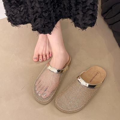 Bolsa de red de pesca hueca cabeza zapatillas de media punta para mujer 2025 nueva moda versátil con falda un pedal playa zapatillas frescas