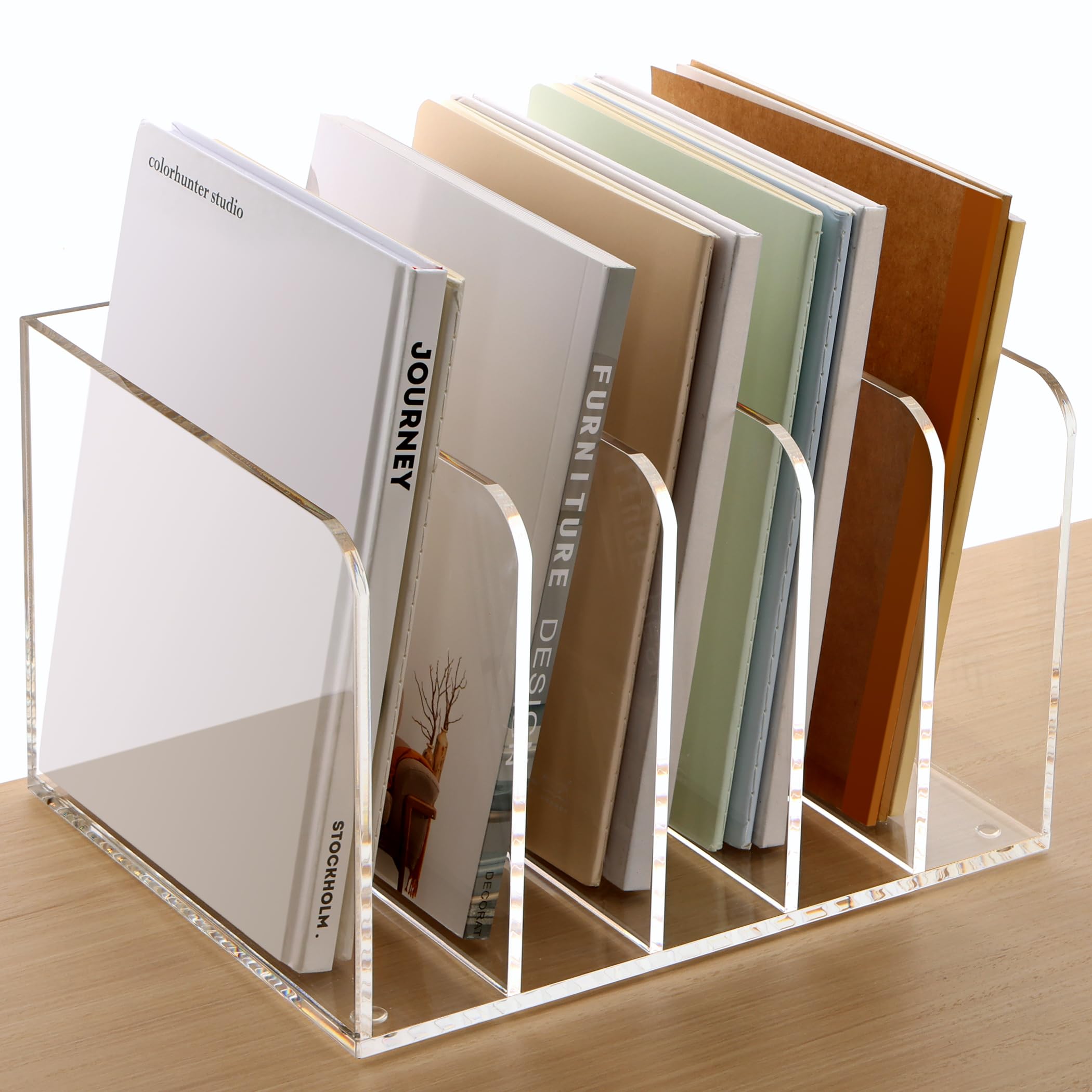 SANRUI File Box Desk Shelf, 5-Tier Book Stand, Acrylic, Desktop Shelf, Vertical Compartment, Desktop Document Storage, Office Supplies, Clear