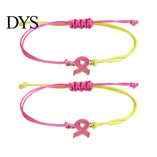 Stackable Wrist Accessories 2 Pcs Breast Cancer Awareness Bracelets, Adjustable Braided String Soft Woven Rope Jewelry Bracelets with Ribbon