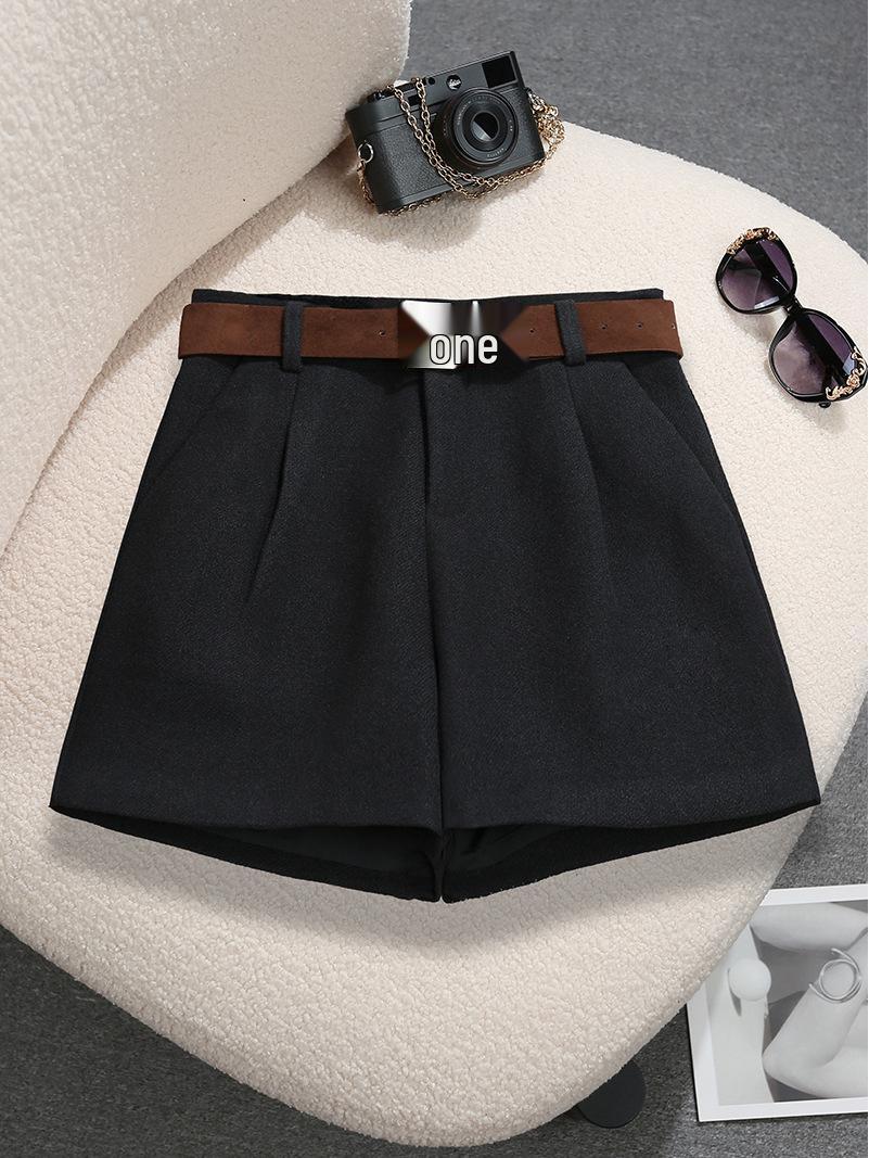 

Gray Wool High-Waisted A-Line Wide-Leg Bootcut Shorts with Belt 9785 - Trendy Women s Fashion M чёрный