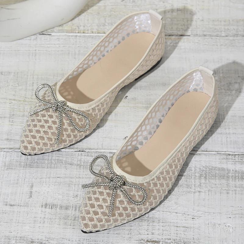 

Модные Rimocy Сексуальные черные сетчатые женские балетки 2025 Весна Лето На шнуровке с бантом Мягкая подошва Офисная обувь Легкие дышащие Сандалии с острым носком 43 бежевый