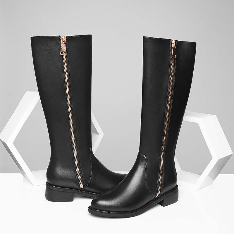 Krazing Pot Cow Leather Autumn Winter Shoes Thick Med Heels Big Size 45 Size 44 Zipper Decoration Concise Style Women Keep Warm Knee Boots