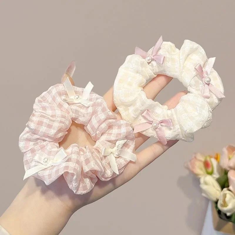 Pink Bow Sweet Satin Checkerboard Bow Hair Tie Women Ponytail Cute Hair Ring Fashion Hair Accessories