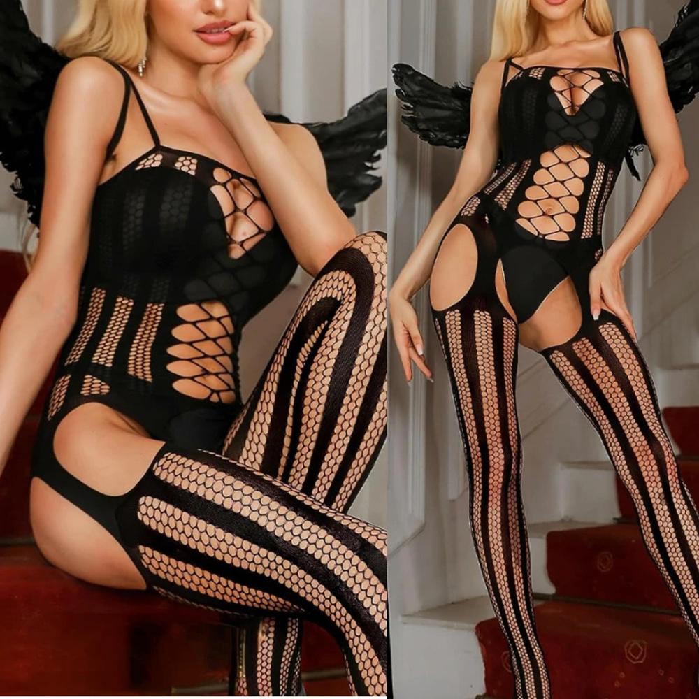 Open Bra Sleeveless Sleepwear Women Sexy Lingerie Porno Bodysuit Mesh Body Stocking Catsuit Teddies