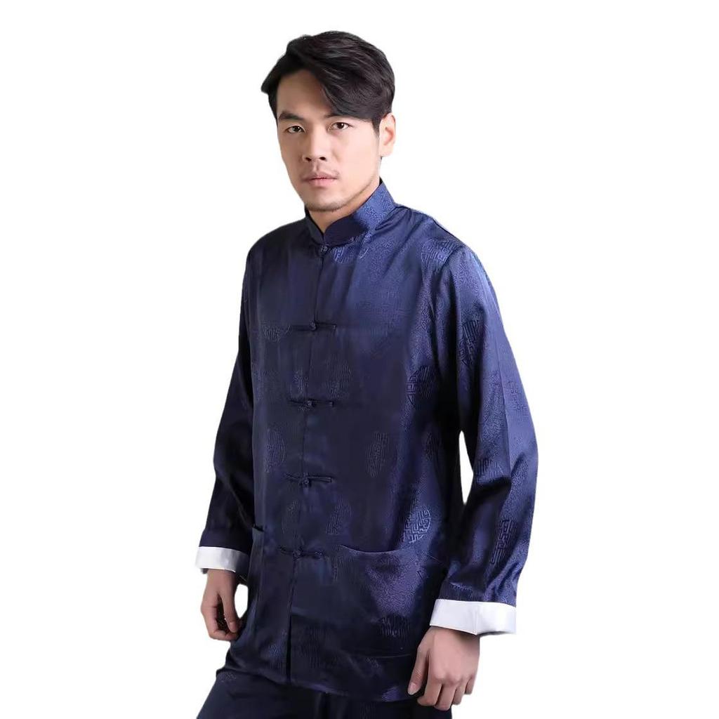 Men's Silk Long-Sleeve Tang Suit Set - Roll-Up Sleeve Kung Fu Suit for Spring & Autumn