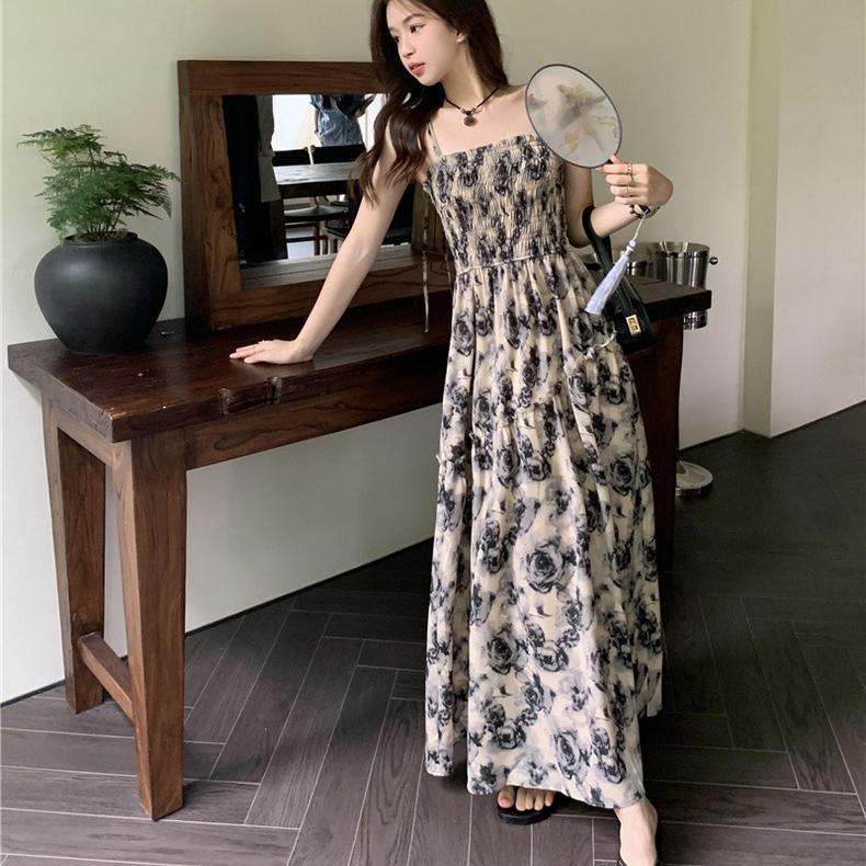 French Rose Print Lace Dress for Women Summer Autumn New Design Sense High Waist Wrapped Chic Strap Long Dresses