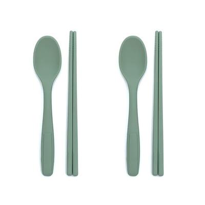 Silicone Children's Cutlery Set, Dark Green, 2 Spoons + 2 Chopsticks
