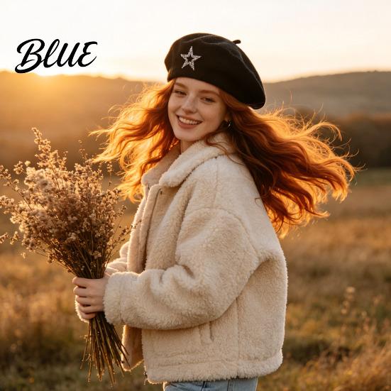 Ladies Winter Hat Women Knitted Beret for Fall Winter French Style Artist Vintage Inspired Cap with Rhinestone Star Stretchy Solid Color Knitting