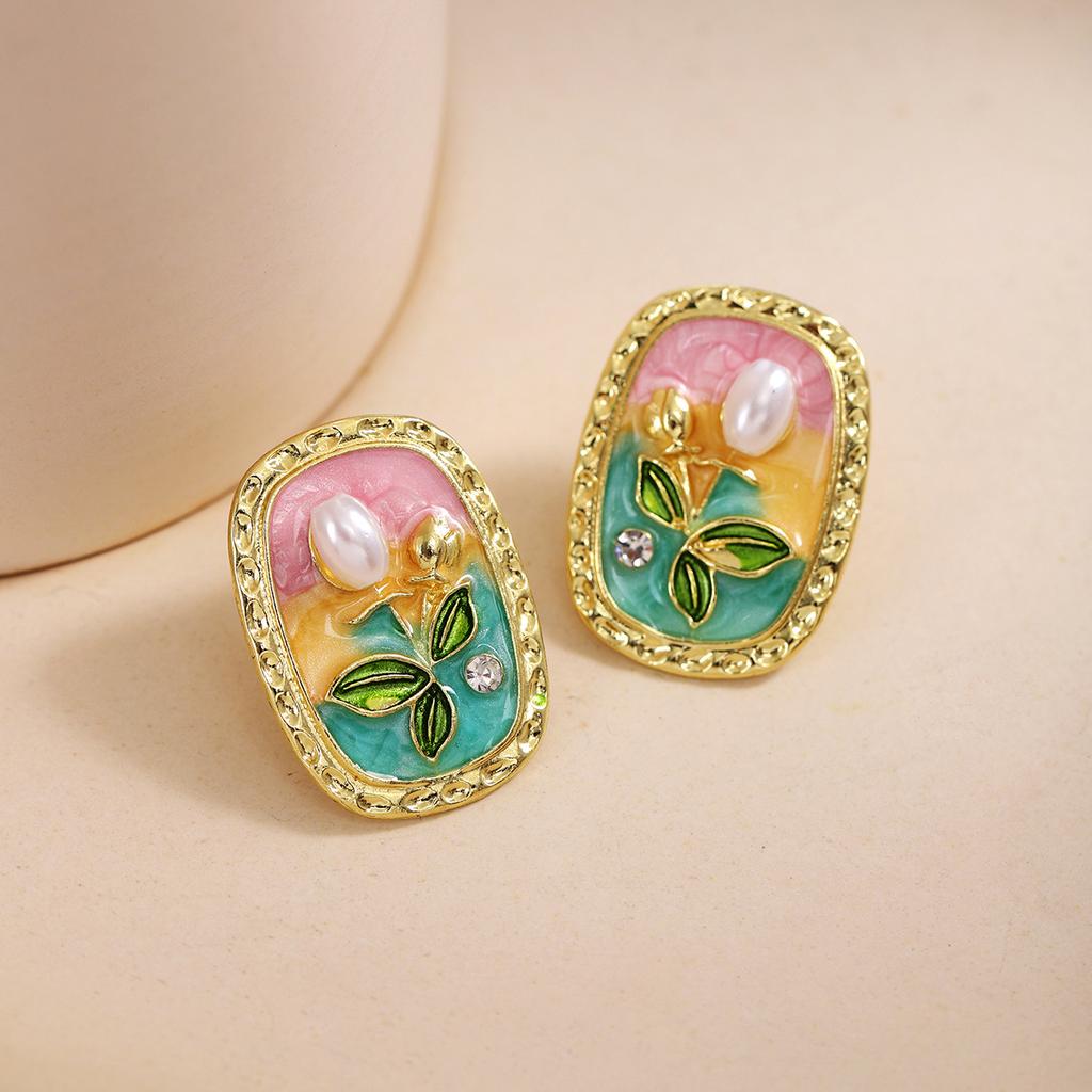 Women's Igh-grade Oil Painting Texture Earrings Retro Style Oval Shape Gentle Flower and Zircon Stud Earrings 2024 Party Zircon