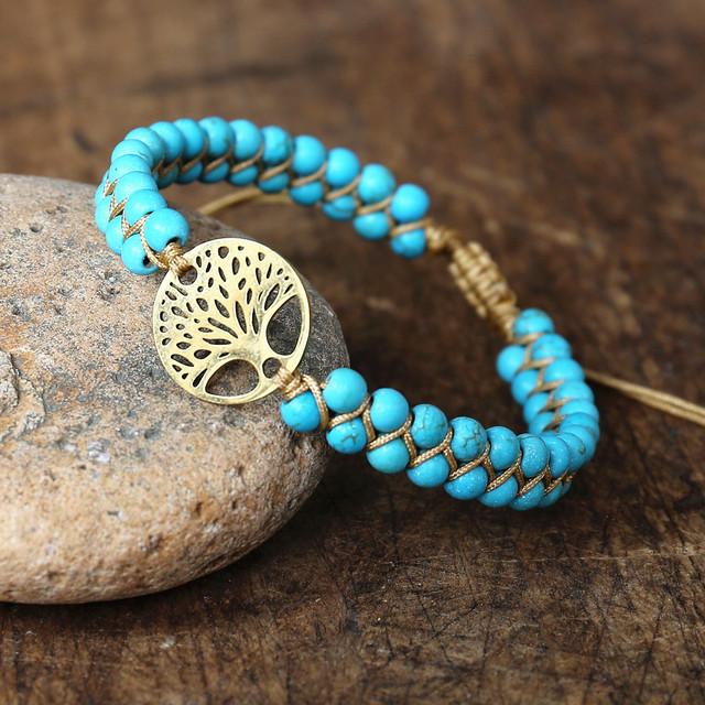 Handmade Natural African Stone Beaded Boho Yoga Wrap Bracelet &Bangle Stainless Steel Tree Of Life Braided Charm Bracelet